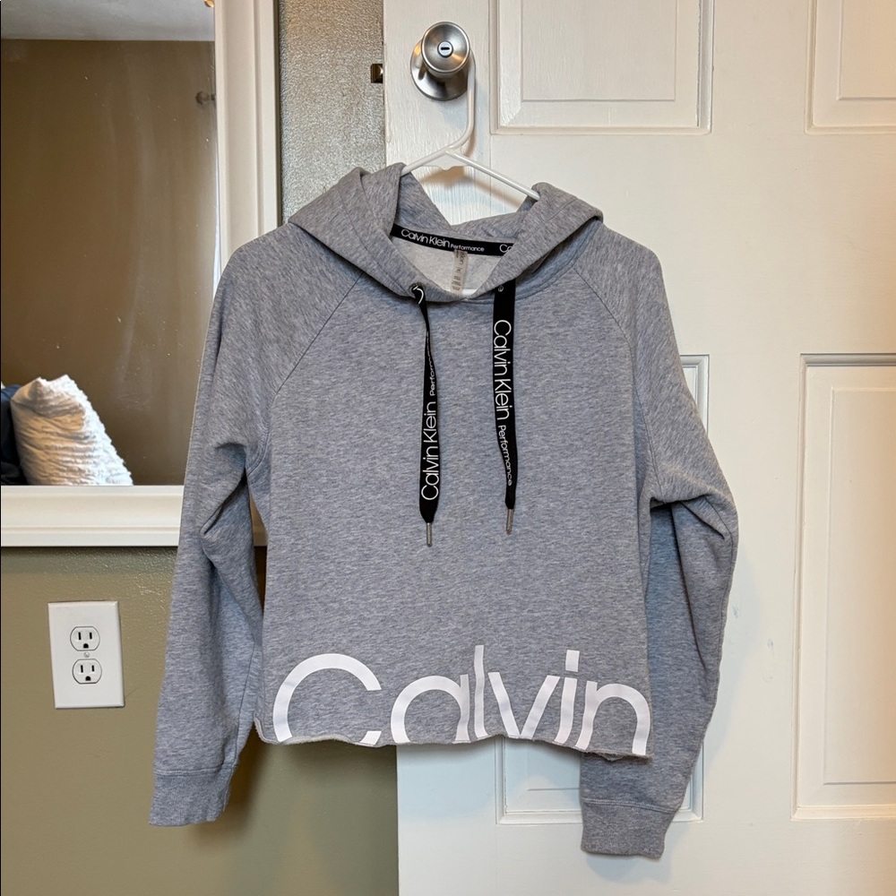 Calvin Klein Heather Gray Cropped Hoodie with Logo